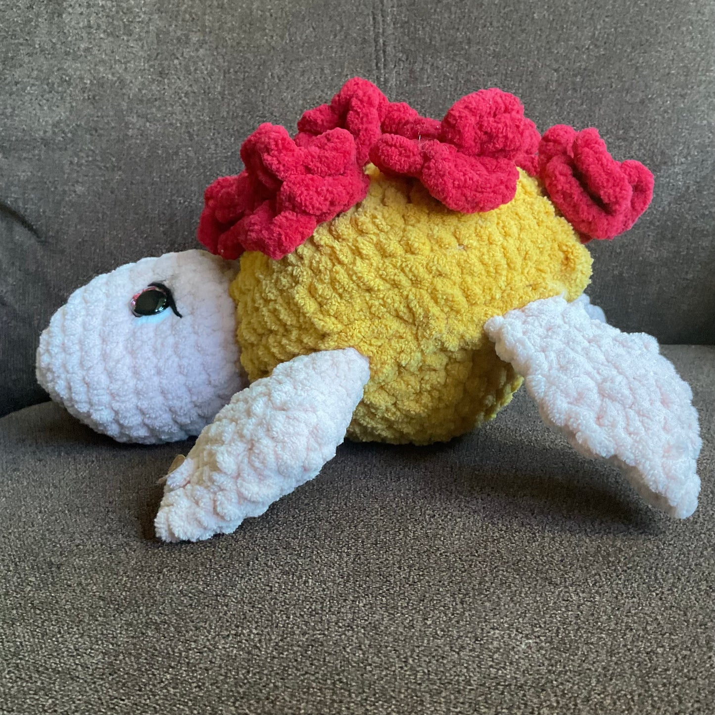Blooming turtle. Hand made crochet toy, cute, cheerful, coastal decor